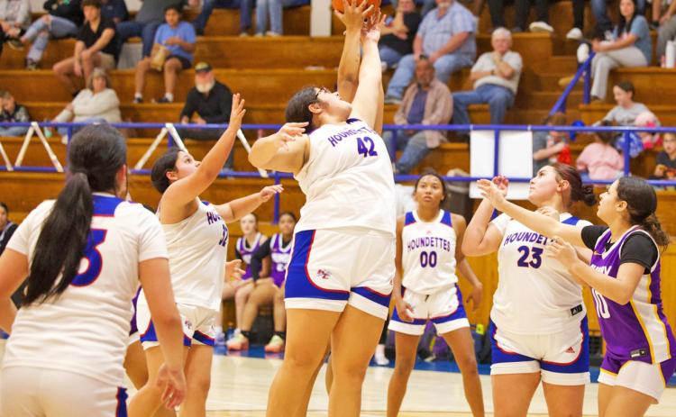 REACHING FOR THE REBOUND Knox City’s Audri Perez reaches for the rebound as the Houndettes tried to generate momentum for a playoff push. | SHERI BATY PHOTO