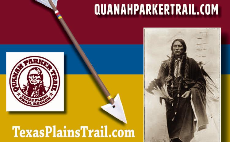 A QUANAH CUTOUT stands next to a Quanah Parker Trail arrow at Wayside, Texas, near to the trail where 150 years ago, on September 28, 1874, in the Battle of Palo Duro Canyon, Col. Ranald S. Mackenzie and the 4th Cavalry descended to the canyon floor and ambushed Comanche, Kiowa and Cheyenne bands seeking refuge there from the converging U.S. forces trying to force them onto reservations —but Quanah with his band of Kwahada were elsewhere. | TEXAS PLAINS TRAIL REGION