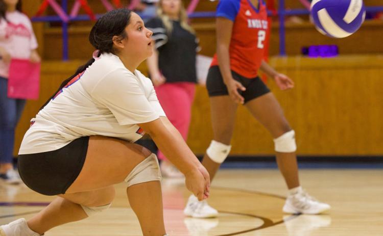 BACK ROW DEFENSE Knox City Houndette Miley Arrieta is all about back-row defense. | SHERI BATY PHOTO