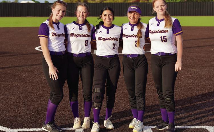 SENIOR LEGACY The Munday Mogulettes softball team is the back-to-back district champs and these five senior years have been a part of its success. Left to right, Taylor Herring, Ambrie Myers, Amrie Loftin, Klnslee Carver and Shalee Shackleford. | COURTESY PHOTO
