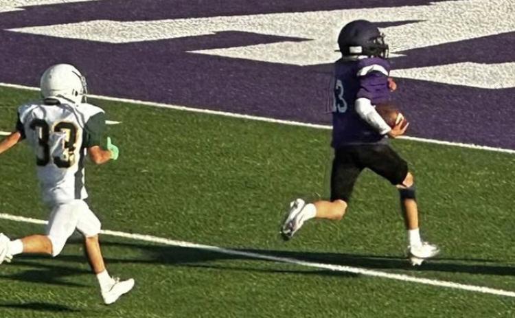 INTO THE ENDZONE The Benjamin Mustangs head into the endzone to score the touchdown against Guthrie in Friday night’s game. The Mustangs take the win with a final score of 54-0. | COURTESY PHOTO